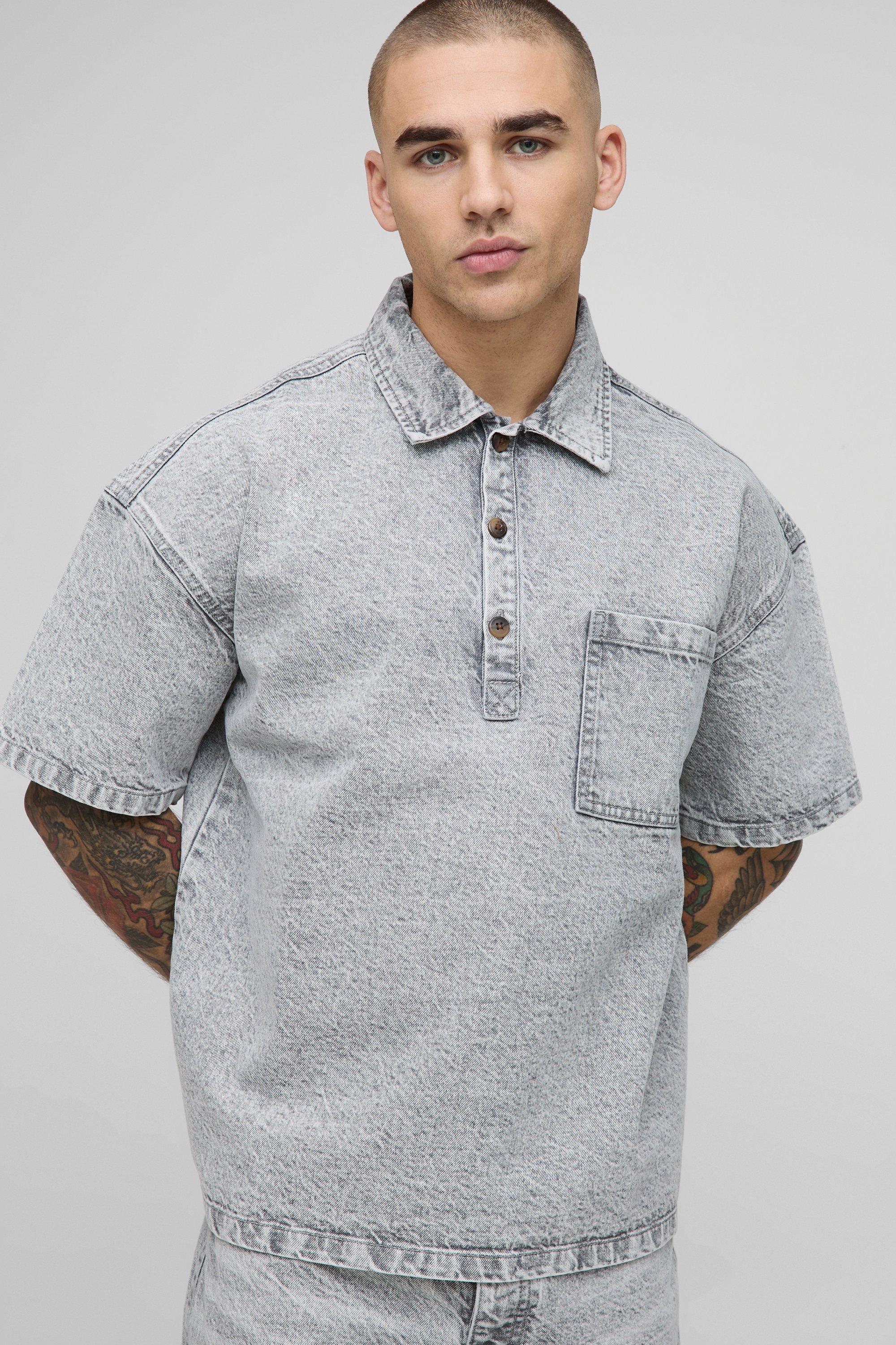 ラルフローレン 美品 現行 washed denim shirt XL grey 3/4 Sleeve Boxy Washed Rugby Denim Shirt | boohooMAN USA